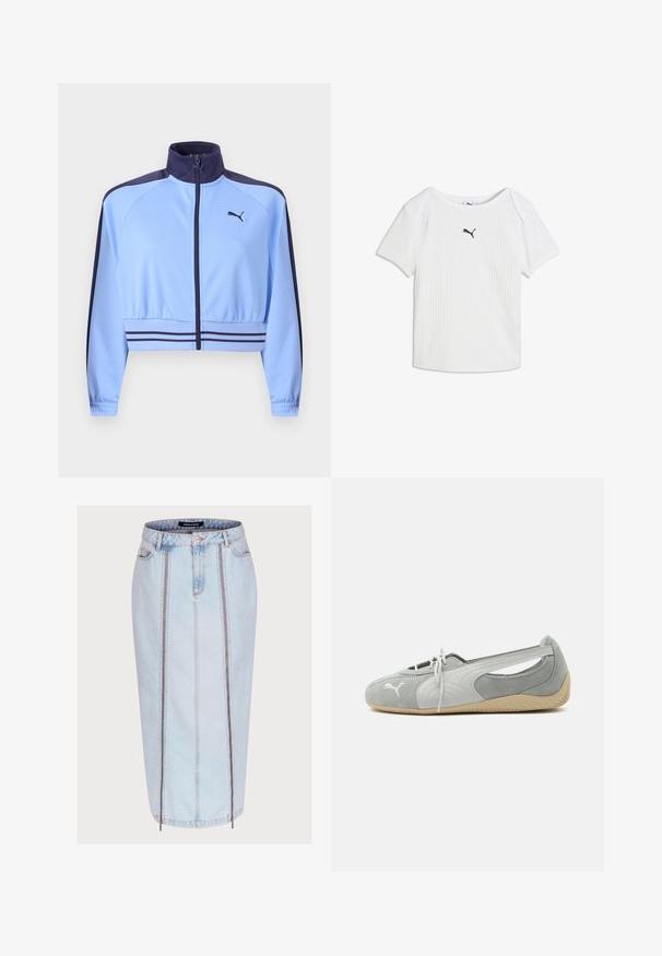 Lyseblå cropped træningsjakke med navy krave, skulderstriber, livviddestriber, lynlås foran og Puma-logo på brystet.; Hvid ribstrikket T-shirt med korte ærmer, rund halsudskæring og et lille sort Puma-logo i midten af brystet.; Lyseblå denimnederdel med en tætsiddende design, der har to frontlynlåslommer, center sømdetaljer og en længde til midt på læggen.; Lysegrå Puma ruskind flad sko med hvidt logo, snørelukning foran, udskårne sider og beige tekstureret sål, vist fra ydersiden.