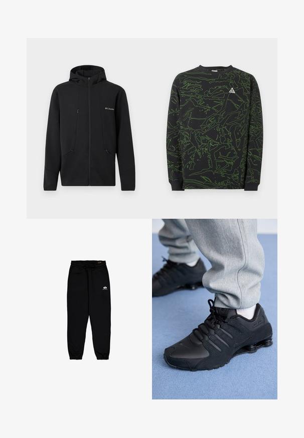 Sweat à capuche noir à fermeture éclair complète avec logo Columbia sur la poitrine, poches zippées à l'avant et capuche réglable sur un fond uni.; Sweat-shirt noir à manches longues avec des motifs abstraits verts en lignes et un petit logo blanc ACG sur la poitrine gauche.; Pantalons de jogging noirs en tissu doux et extensible. Comprend une taille élastique avec cordon de serrage et des poignets élastiques. Petit logo blanc sur la hanche.; Personne portant des baskets Nike Shox noires et un pantalon de survêtement gris, debout sur un tapis bleu clair.