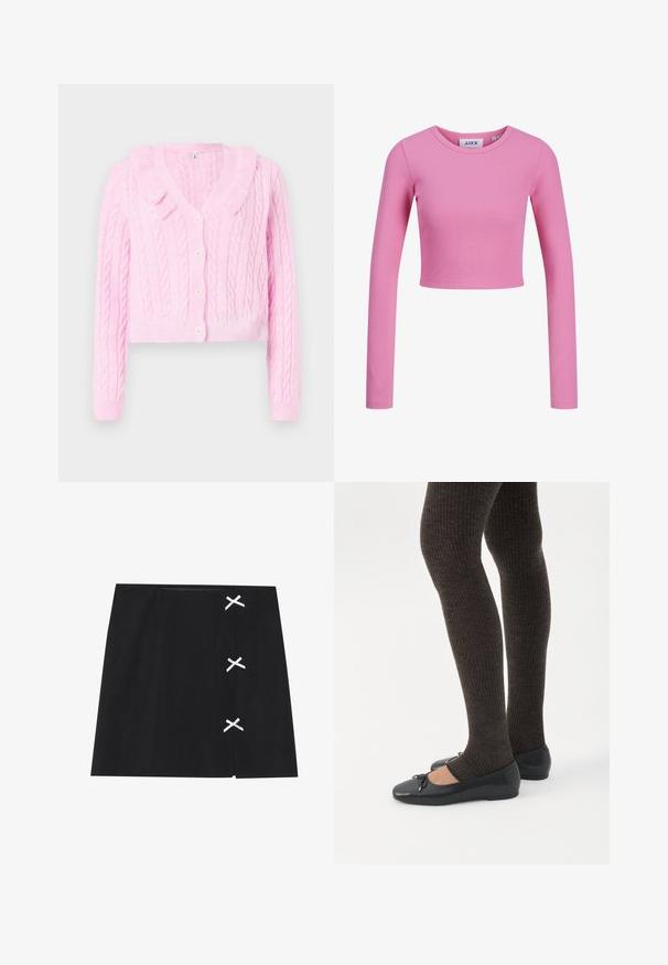Rosa kabelstrikket cardigan med krave, cropped design og knaplukning. Har ribbede manchetter og kant for ekstra tekstur.; Langærmet, cropped top i lyserødt ribbet stof. Har en rund halsudskæring og et tætsiddende design med en glat tekstur.; Sort miniskørtes med en glat tekstur, prydet med hvide krydste bånd på venstre side. Enkel design med lige snit.; Ben iført mørke ribbede leggings kombineret med sorte balletsko med små sløjfedetaljer på hvid baggrund.