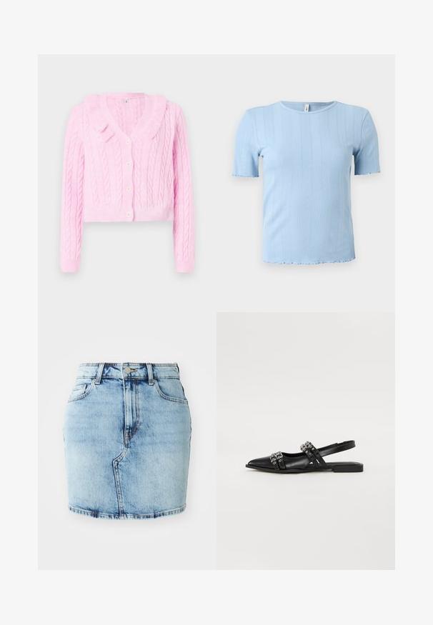 Cardigan en tricot rose avec col, design court et fermeture à boutons. Présente des poignets et un ourlet côtelés pour une texture supplémentaire.; Haut tricoté côtelé à manches courtes bleu clair avec des motifs verticaux subtils et des bords festonnés sur les manches et l'ourlet.; Jupe en denim bleu clair avec une coupe ajustée, cinq poches, une fermeture par bouton et zip, et des détails cousus le long de l'ourlet.; Even&Odd Ballerines à brides arrière - black