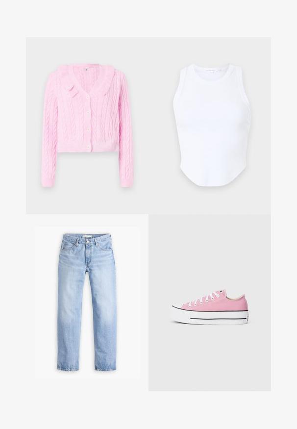 Rosa Kabelstrick-Cardigan mit Kragen, cropped Design und knopfgeschlossener Front. Verfügt über gerippte Bündchen und Saum für zusätzlichen Textur.; Good American MICRO TANK - Top - white; Hellblaue Jeans aus Denim mit geradem Bein, fünf Taschen und einem mittelhohen Bund. Sie verfügen über eine ausgewaschene Textur und einen gesteppten Saum.; Rosa Leinenschuhe mit klassischem Niedrigprofil, weißer Gummi-Zehenkappe und schwarzen Akzentstreifen an der Sohle. Flache weiße Schnürsenkel.