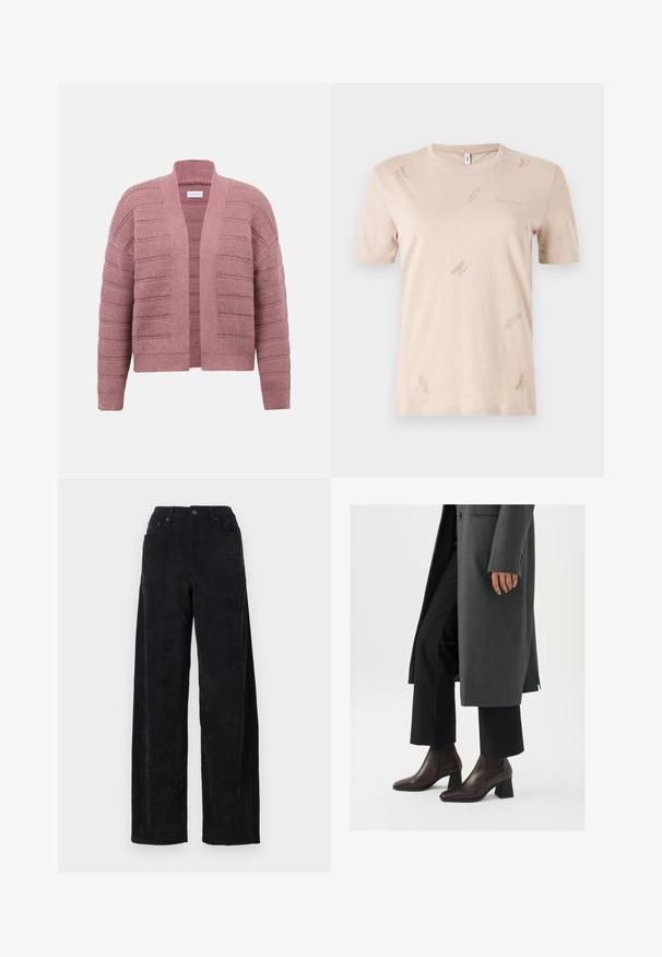 Hellrosa gestrickte Strickjacke mit vertikaler Rippstruktur, offenem Vorderteil und weiten Ärmeln. Weiches Material; lockerer Schnitt. Keine sichtbaren Verschlüsse.; Beige Baumwoll-T-Shirt mit Rundhalsausschnitt. verfügt über kleine, dezente Feder-Muster in einem helleren Farbton. Kurze Ärmel, normale Passform.; Schwarze Corduroy-Hosen mit weitem Bein und hohem Bund, ausgestattet mit zwei Fronttaschen und feiner vertikaler Rippstruktur.; Dunkelbraune Leder-Ankel-Boots mit Absatz, spitz zulaufender Zehenpartie und Blockabsatz, kombiniert mit schwarzen Hosen und einem grauen Mantel.