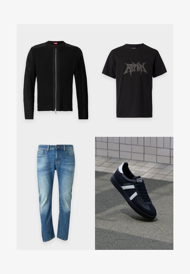 Schwarze Jacke mit Reißverschluss vorne, die eine vertikale gerippte Struktur und einen runden Ausschnitt aufweist. Weicher Stoff mit langen Ärmeln und einer taillierten Silhouette.; Schwarzes Baumwoll-T-Shirt mit kurzen Ärmeln und rundem Ausschnitt. Auf der Vorderseite befindet sich ein auffälliges graues grafisches Textlogo.; Blaue ausgewaschene gerade Jeans mit fünf Taschen, Knopfverschluss und sichtbaren Nahtdetails auf der Vorderseite.; Schwarze Leder-Sneaker mit weißen Streifen, strukturiertem Gummisohle und Schnürung. Verfügt über ein Markenetikett auf der Zunge.
