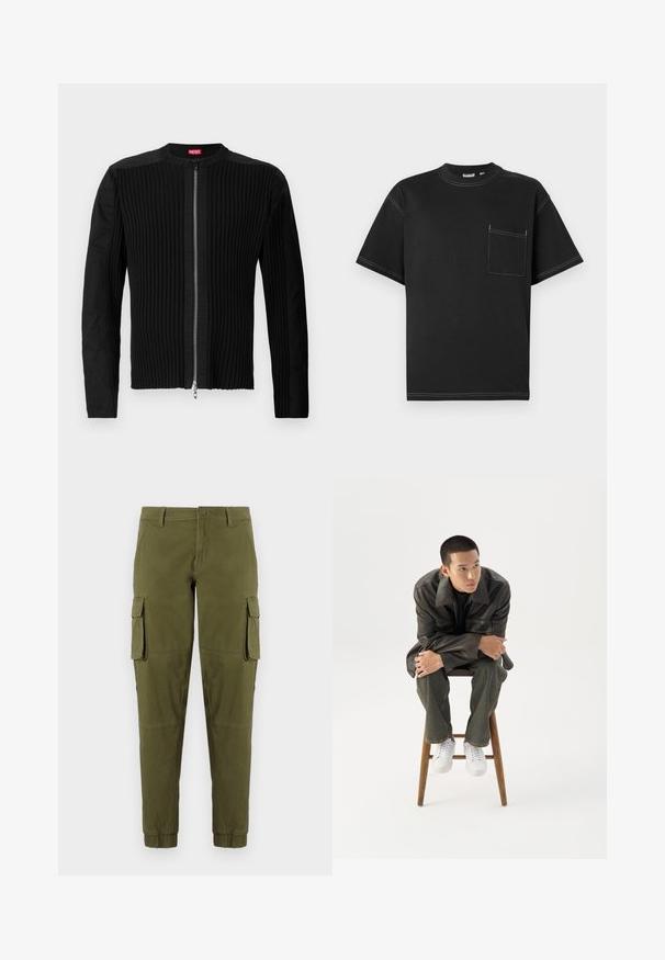 Sort jakke med lynlås foran, der har lodrette ribbede teksturer og en rund halsudskæring. Blødt stof med lange ærmer og en tætsiddende silhuet.; Sort T-shirt med korte ærmer lavet af bomuld, med en lomme på venstre bryst, kontrasterende hvid syning og rund halsudskæring.; Olivengrønne cargo-bukser med elastiske manchetter, der har to sidelommer, en frontlukning med knap og et glat, let materiale.; Ung mand i mørk læderjakke og jeans sidder på en træskammel, læner sig fremad med armene krydset og kigger til siden mod hvid baggrund.