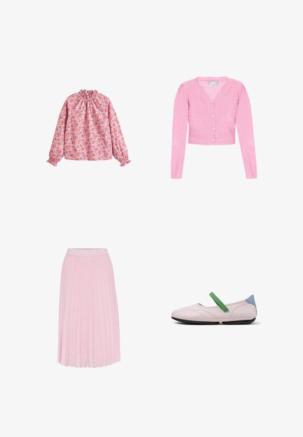 Lys pink strikket cardigan med V-hals, knaplukning foran og puflange ærmer. Har et åbent mønster og ribbet kant.; Blomsterbluse med en sammensnøret halsudskæring og manchetter, med en pink baggrund og røde samt lilla blomster, lavet af letvægtsstof.; Plisseret midi-skirt i lyserød, med en bred elastisk talje og en glat tekstur. Plisseringerne strækker sig fra taljen til kanten.; Lyserød flad sko med sort sål, grøn rem henover toppen og blå hæl lap, vist i sideprofil på hvid baggrund.