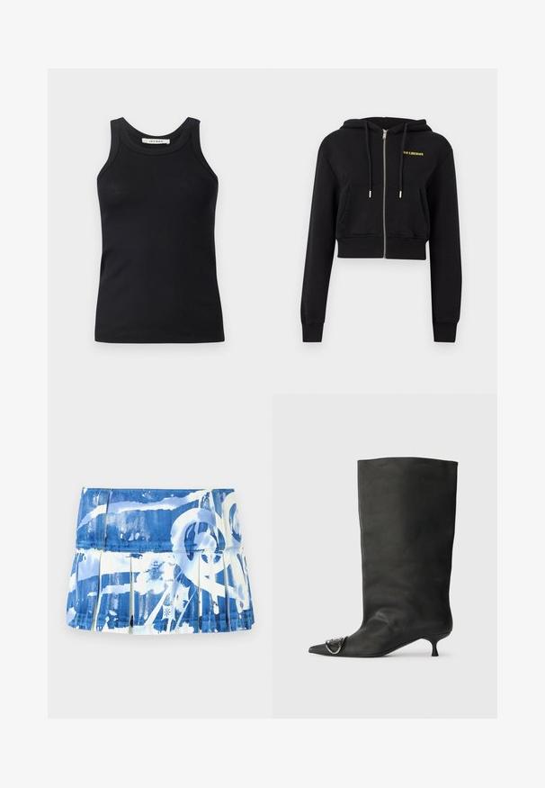 Schwarzer, kurzer Kapuzenpullover mit Reißverschluss, Fronttaschen, Kordelzügen und kleinem gelbem Schriftzug "HAN KJØBENHAVN" auf der linken Brust.; Schwarzes, geripptes Tanktop mit Rundhalsausschnitt und breiten Trägern, aus weichem Stoff gefertigt. Keine sichtbaren Muster oder Beschläge.; Blau-weißer plissierter Rock mit Farbklecks-Muster, hergestellt aus leichtem Stoff mit glatter Textur und einem taillierten Bund.; Schwarze Leder-Ankle Boots mit spitzem Zehenbereich, kleinem Absatz und metallischen Akzenten an der Spitze. Sanfte, matte Textur im gesamten Schuh.