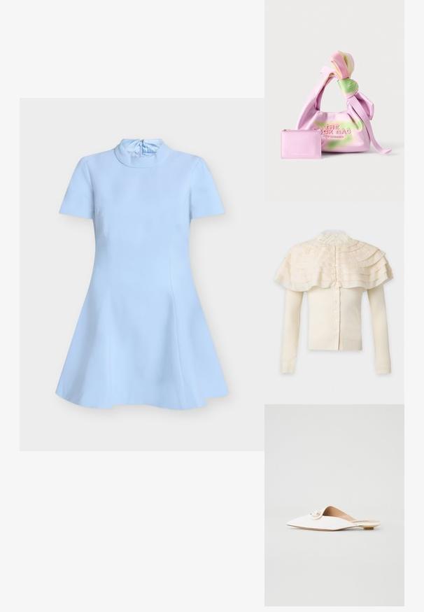 Cardigan crème à manches longues avec fermeture boutonnée et détail de cape à volants superposés autour des épaules et col haut en dentelle.; Robe bleu clair à manches courtes avec un col montant et une fermeture éclair au dos, dotée d'une jupe évasée en forme de ligne A.; Mules blancs plats avec un bout pointu, ornés d'un détail circulaire en perles avec des éléments en or. Matériau lisse au design minimaliste.; Sac à main en tissu tie-dye rose et vert doux avec une poignée nouée et une petite pochette zippée en cuir rose assortie à côté.