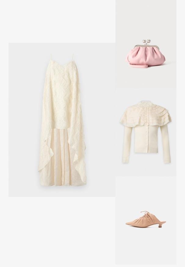 Cardigan crème à manches longues avec fermeture boutonnée et détail de cape à volants superposés autour des épaules et col haut en dentelle.; Robe couleur crème avec une superposition en dentelle texturée, un décolleté en V profond et une jupe fluide à couches avec un ourlet irrégulier. Bretelles fines réglables.; Mule pour femme en cuir beige avec bout pointu, dessus froncé, lien de serrage et petit talon kitten, sur fond blanc.; Petit sac pochette doux rose avec cadre métallique argenté et fermoir rond, reposant sur une surface plate et claire avec une bride de poignet repliée devant.