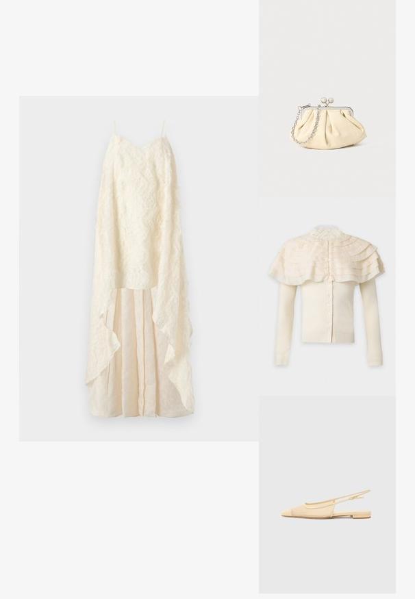 Cardigan crème à manches longues avec fermeture boutonnée et détail de cape à volants superposés autour des épaules et col haut en dentelle.; Robe couleur crème avec une superposition en dentelle texturée, un décolleté en V profond et une jupe fluide à couches avec un ourlet irrégulier. Bretelles fines réglables.; Chaussure plate slingback en beige clair avec une tige en maille, un bout pointu et un petit talon. Dotée d'une sangle ajustable pour un bon maintien.; Pochette en cuir beige plissé avec un cadre en métal argenté, dotée de deux fermoirs ronds décoratifs et d'une chaîne en argent.