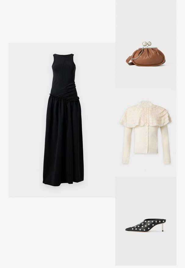 Cardigan crème à manches longues avec fermeture boutonnée et détail de cape à volants superposés autour des épaules et col haut en dentelle.; Robe noire avec un haut ajusté à col rond et une jupe froncée et fluide. Fabriquée à partir d'un tissu doux et lisse avec une texture homogène.; STAND STUDIO KELSEY - Mules à talons - black; Pochette en cuir marron avec un fermoir à boule en argent et un petit détail en chaîne argentée sur fond blanc.
