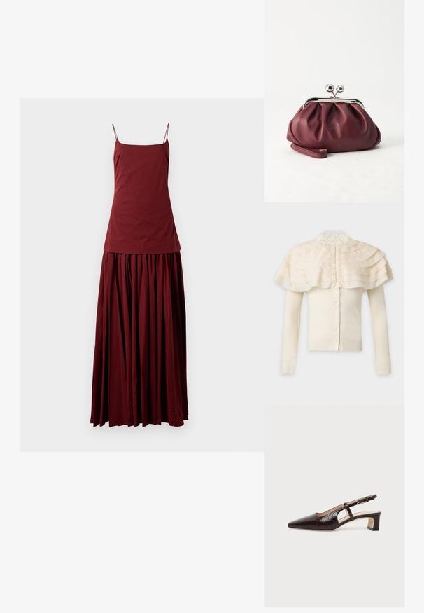 Crèmekleurige lange mouwen cardigan met knoopsluiting voor en gelaagde geplooide capedetail rond de schouders en een hoge kanten kraag.; Mouwloze bordeauxrode jurk met een aansluitende top en een vloeiende, geplooide rok. Gemaakt van een lichtgewicht stof en heeft dunne spaghetti bandjes.; Donkerbruine slingback schoen van krokodillenleer met een puntige neus, lage blokhak en verstelbare gouden gesp.; Kleine bordeauxrode leren clutch-portemonnee met zilverkleurige metalen sluiting en polsbandje op een witte achtergrond.