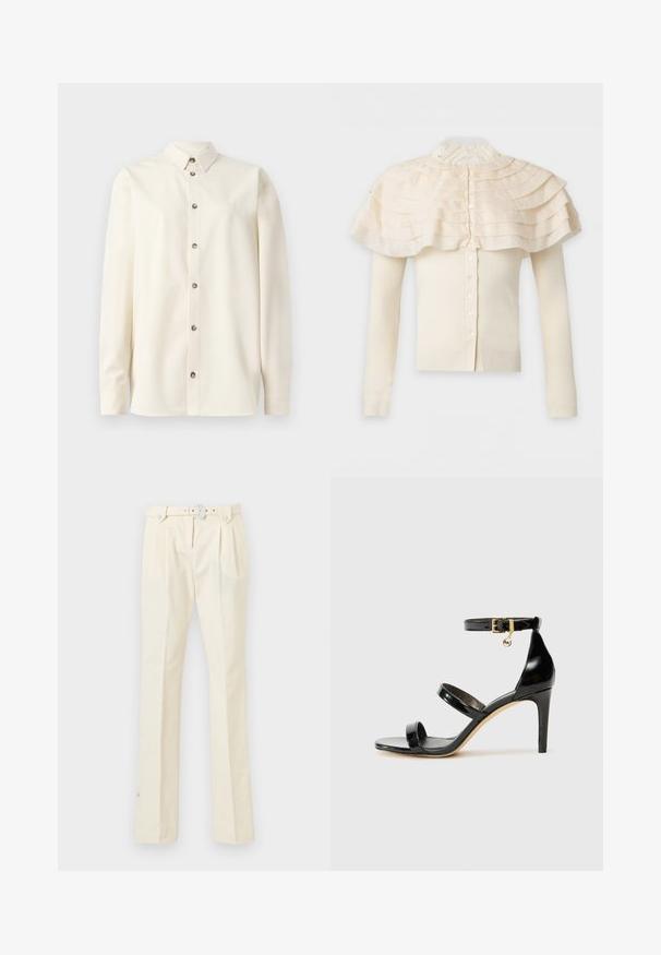 Cárdigan de manga larga color crema con cierre de botones, detalle de capa con volantes en capas alrededor de los hombros y cuello alto de encaje.; Soulland DAMON SHIRT - Blusa - white; Pantalones ajustados crema de talle alto con pinzas, un cinturón a juego con una hebilla adornada con cristales y piernas rectas.; Sandalia de charol negro con tres correas, hebilla en el tobillo y tacón de aguja de 10 cm. Presenta detalles de hardware en oro y un charm con el logo.