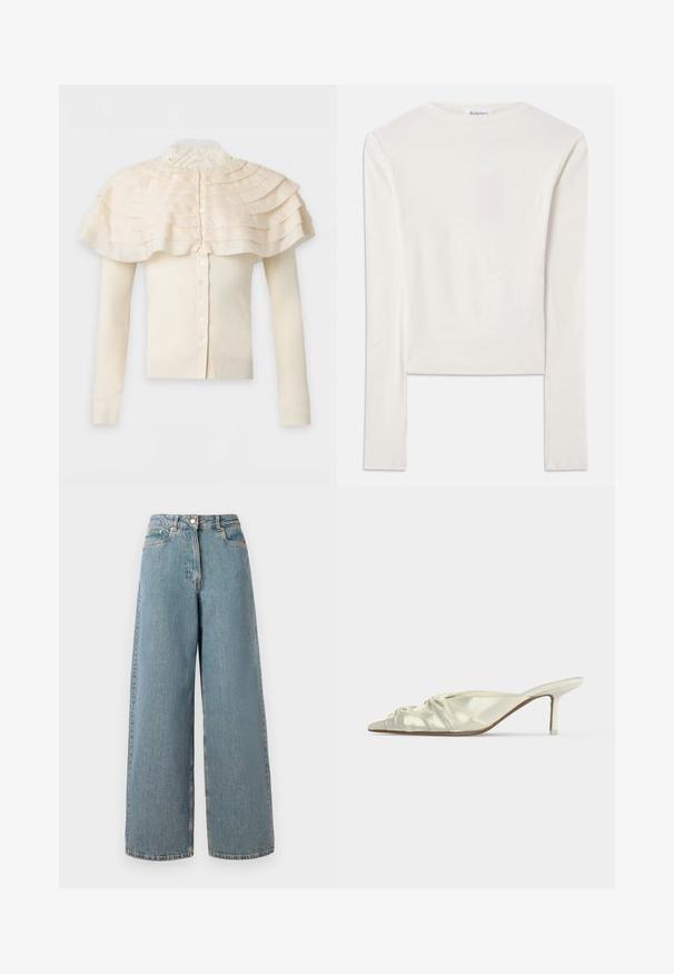 Crèmekleurige lange mouwen cardigan met knoopsluiting voor en gelaagde geplooide capedetail rond de schouders en een hoge kanten kraag.; Witte lange mouw top van katoen, met een eenvoudige ronde hals en een slim fit. De stof is glad met een lichte stretch.; Hogewaisted, lichtblauwe wijdvallende denim jeans met een ritssluiting aan de voorkant, knoopsluiting en zakken aan de voorkant.; Witte satijnen mule met spitse neus, geplooide details en een smalle hak van gemiddelde hoogte tegen een effen achtergrond.