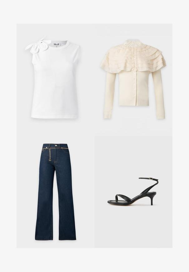 Cardigan crème à manches longues avec fermeture boutonnée et détail de cape à volants superposés autour des épaules et col haut en dentelle.; Haut blanc sans manches avec encolure ronde et un grand nœud en tissu sur l'épaule gauche, présenté sur un fond uni.; Jean bleu foncé à coupe large avec des surpiqûres orange et une fine ceinture chaîne dorée suspendue à l’avant, présenté sur un fond clair uni.; Sandale pour femme en cuir noir avec fines lanières, une boucle d'orteil, une boucle à la cheville et un talon aiguille de hauteur moyenne sur un fond neutre.