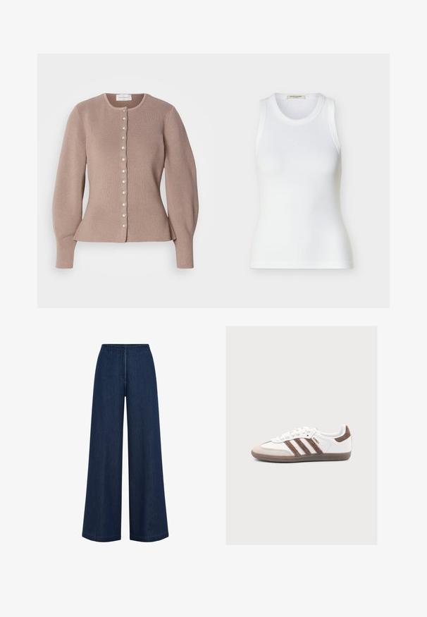 Geribbelde gebreide cardigan in lichtbruin met een ronde halslijn en een getailleerde pasvorm. Voorzien van een knoopsluiting met parelachtige accenten langs de voorkant.; Witte geribbelde mouwloze tanktop met ronde halslijn, slanke pasvorm en Scotch & Soda merklabel binnenin de kraag.; Brede donkerblauwe jeans met een rechte snit, gemaakt van denim. Heeft een hoge tailleband en subtiele naden. Geen zichtbare hardware.; Witte Adidas Samba sneaker met bruine suède strepen, bruine suède neus en gumzool op een lichtgrijze achtergrond.