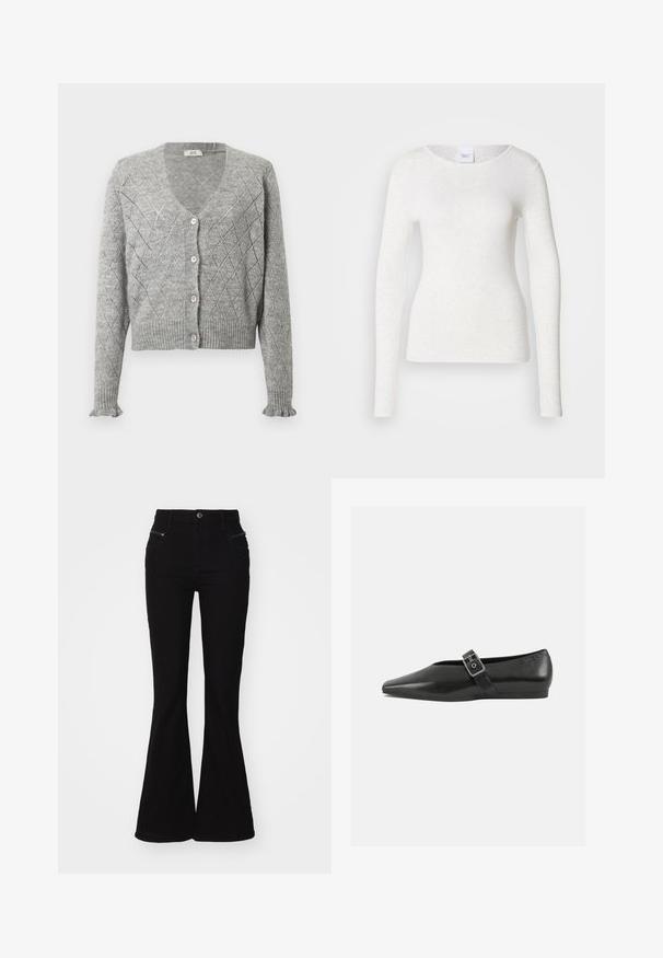 Grauer Strickcardigan mit einem Rautenmuster, V-Ausschnitt, fünf rosa Knöpfen und gerippten Ärmeln sowie Saum. Verkürzte Länge.; Weißes Langarm-T-Shirt aus weichem, leichtem Stoff mit rundem Ausschnitt und schlanker Passform, das eine dezente Textur aufweist.; Schwarze, weit geschnittene Jeans mit hoher Taille, die über Vordertaschen und Reißverschlussakzente verfügt. Hergestellt aus Denim mit einer glatten Textur.; Schwarze Lederflachschuhe mit spitzem Zehenbereich, ausgestattet mit einem metallischen Riemen über dem Spann und einer niedrigen, flexiblen Sohle.