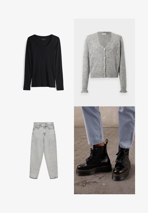 Grijze gebreide cardigan met een ruitpatroon, met een V-hals, vijf roze knopen en geribde mouwen en onderrand. Verkorte lengte.; Zwarte longsleeve t-shirt van zacht, soepel stof. Heeft een ronde halslijn en aansluitende mouwen met een rechte zoom. Minimalistisch ontwerp.; Lichtgrijze jeans met hoge taille en rechte pijpen, voorzakken, riemlussen en een ritssluiting.; Persoon draagt lichtblauwe spijkerbroek en zwarte leren veterplatformlaarzen met gele stiksels op een betonnen vloer.