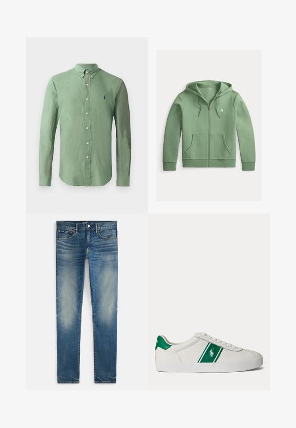 Lysegrøn hættetrøje med lynlås foran, forlommer, snøretræk i hætten og et lille hvidt Polo Ralph Lauren logo på brystet.; Grøn skjorte med knapper lavet af letvægtsstof; har en spids krave, lange ærmer og et lille blåt logo på venstre bryst.; Blå falmede smalle jeans med knappelukning og lynlås, forlommer og lille møntlomme, vist fladt på hvid baggrund.; Hvid low-top sneaker med grøn stribe og Polo-logo på siden, grøn hæl-flik og hvide snørebånd, vist fra venstre side på ensfarvet baggrund.