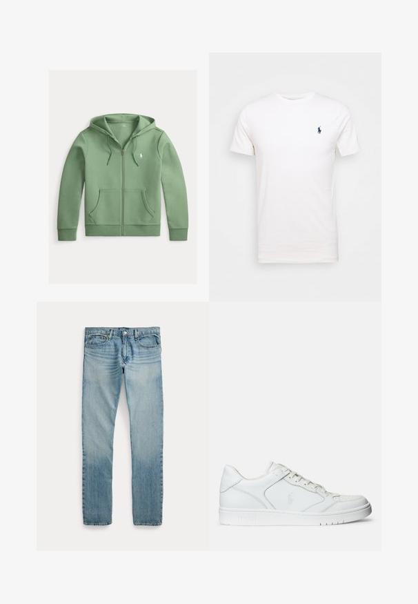 Lysegrøn hættetrøje med lynlås foran, forlommer, snøretræk i hætten og et lille hvidt Polo Ralph Lauren logo på brystet.; Hvid bomulds t-shirt med rund hals. Har et lille mørkeblå logo på venstre bryst. Korte ærmer, glat tekstur.; Lyseblå straight-leg denimbukser med fem lommer, knaplukning og subtile falmede detaljer omkring lår og knæ.; Hvide lædersneakers med en glat tekstur, der har en perforeret tå, snørebåndslukning og broderet logo på siden. Hvid gummisål.
