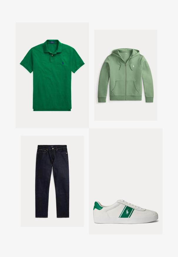 Svetlozelená mikina s kapucňou na zips, predné vrecká, sťahovacia šnúrka na kapucni a malé biele logo Polo Ralph Lauren na hrudi.; Zelené tričko polo s krátkym rukávom, golierom a dielcom na dva gombíky, s malým tmavomodrým vyšívaným logom na ľavej strane hrudníka.; Tmavomodré rovné rifle s piatimi vreckami, zapínaním na gombík a zips, so z kontrastným oranžovým prešívaním na jednofarebnom pozadí.; Biele nízke tenisky s zeleným pruhom a logom Polo na boku, zelený jazyk na päte a biele šnúrky, zobrazené z ľavej strany na jednoduchom pozadí.