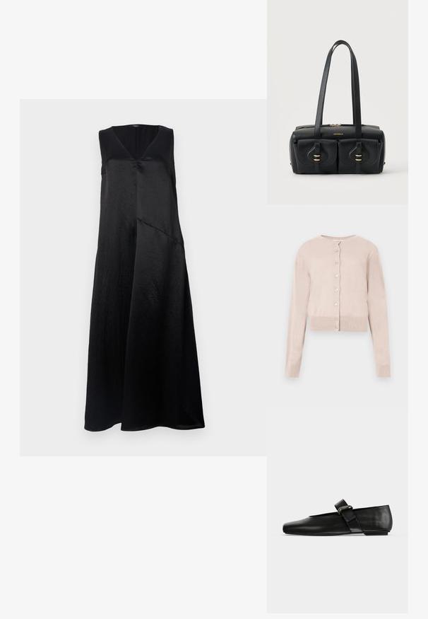 Lyserød cropped cardigan med knapper, lange ærmer og ribkant ved ærmer og nederdel, vist på hvid baggrund.; Sort ærmeløs kjole med V-hals, lavet af glat stof, med en afslappet pasform og et asymmetrisk sømdesign. Subtil glans kan ses.; Sort læderflad sko med rundet tå og en rem med metallisk spænde over vristen.; Sort læderhåndtaske med to forlommer, guldfarvet hardware og dobbelte skulderstropper på en ensfarvet hvid baggrund.