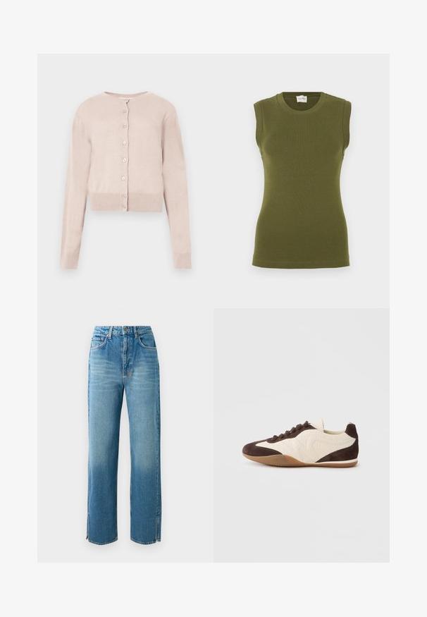 Lyserød cropped cardigan med knapper, lange ærmer og ribkant ved ærmer og nederdel, vist på hvid baggrund.; Ærmeløs tanktop i olivengrøn, lavet af et glat, strækbart stof. Har rund halsudskæring og tætsiddende silhuet uden synlige sømme.; Lys blå denim jeans med høj talje, lige ben og slidser i kanten. Har et traditionelt fem-lomme design og knaplukning.; Brun og cremefarvet sneaker med en blanding af teksturerede og glatte materialer, lav profil, snørelukning og en gummisål.