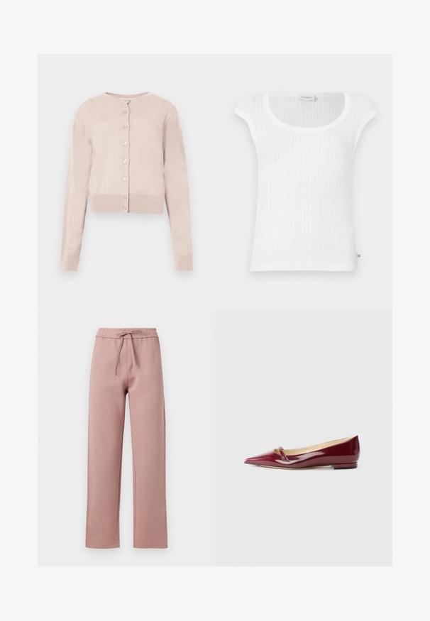 Lyserød cropped cardigan med knapper, lange ærmer og ribkant ved ærmer og nederdel, vist på hvid baggrund.; Hvid ribstrikket tanktop med rund hals og flagærmer, fremstillet i en blød tekstur med en diskret mærkeetiket ved kanten.; Svedpants i blødt pink stof med snor i taljen, bred bendesign og lige kant med diskrete stikninger.; Bordeaux patenteret læderballerinaer med spids tå, der har en lille udskæring og en lav hæl. Glat tekstur og elegant design.