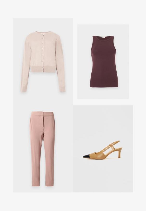Cardigan court rose clair à boutons, manches longues avec poignets et ourlet côtelés, présenté sur un fond blanc.; Débardeur ajusté sans manches de couleur violet foncé avec un col rond et un logo discret près de l'ourlet, présenté sur un fond clair uni.; Pantalons ajustés, taille haute, rose pâle avec une fermeture frontale dissimulée, confectionnés en tissu lisse et léger.; Escarpins slingback couleur fauve avec embout pointu noir, côtés découpés et talon bloc de hauteur moyenne. Matière en cuir lisse.