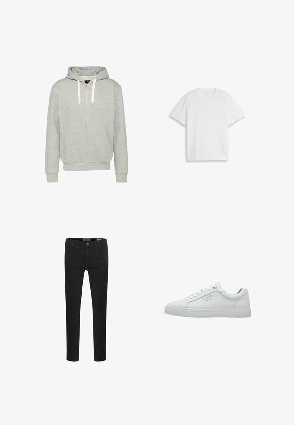 Graue Zip-Hoodie aus weichem Material, mit einer Kapuze mit Kordelzug, zwei vorderen Taschen und gerippten Bündchen sowie Saum.; Einfaches weißes T-Shirt mit kurzen Ärmeln und Rundhalsausschnitt, flach auf einem weißen Hintergrund ausgelegt.; Schwarze Jeans aus Denim mit schlanker Passform, fünf Taschen-Design und Knopfverschluss. Glatte Textur mit minimalen Nähten.; Weiße synthetische Sneakers mit glatter Oberfläche, Schnürdesign, gepolstertem Zungenbereich und geprägtem Logo an der Seite. Flache Gummisohle.