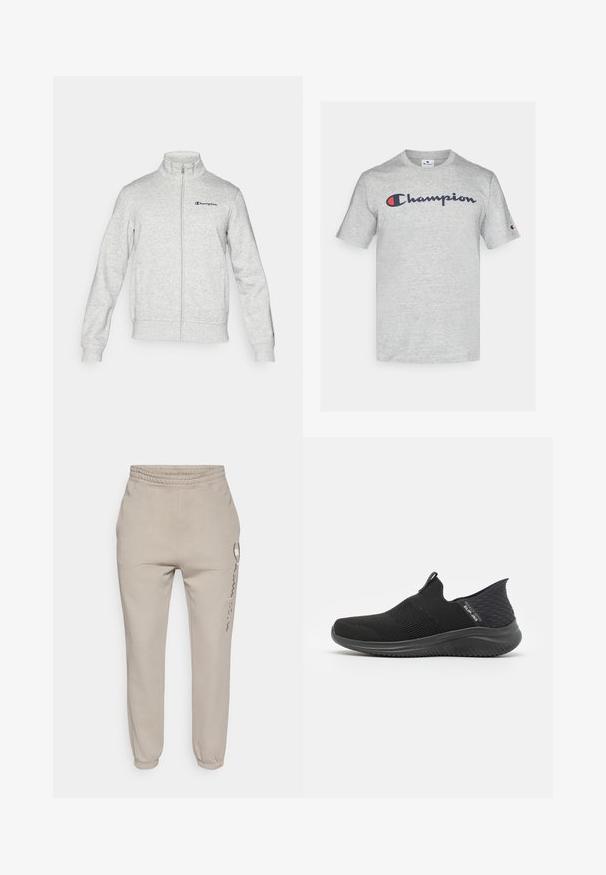Chaqueta gris claro con cremallera y cuello alto, con el logo de Champion bordado en el pecho izquierdo y un pequeño logo en el puño de la manga izquierda.; Camiseta de algodón de color gris claro con un logotipo de "Champion" en azul marino en el pecho y un pequeño logotipo en la manga. Diseño clásico de cuello redondo.; Pantalones jogger beige hechos de tela suave, con cintura elástica y tobillos puños. Incluyen un bolsillo lateral con cremallera.; Zapatos negros de tipo slip-on con parte superior de malla transpirable, diseño texturizado, suela flexible y plantilla suave y acolchada.