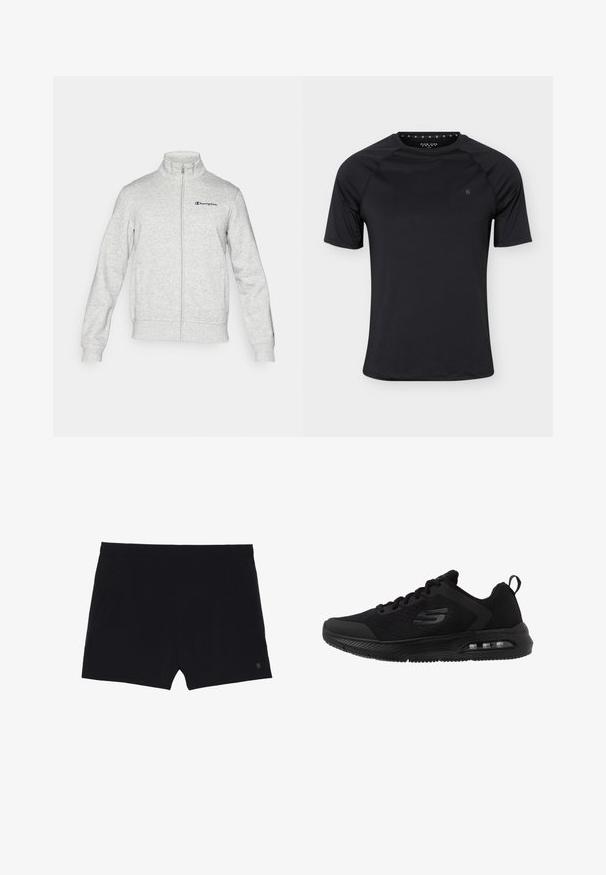 Hellgraue Zip-Up-Jacke mit Stehkragen und dem Champion-Logo auf der linken Brust sowie einem kleinen Logo am linken Ärmelbündchen bestickt.; Schwarzes kurzärmeliges Sport-T-Shirt mit Rundhalsausschnitt und kleinem Logo auf der linken Brust, dargestellt auf einfachem hellem Hintergrund.; Schwarze Sportshorts mit glatter Textur, elastischem Bund und zwei Seitentaschen. Mit einem kleinen Logo auf der unteren rechten Seite.; Schwarze Sportschuhe mit einem atmungsaktiven Mesh-Obermaterial, strukturierten Akzenten, dämpfender Zwischensohle und einer sichtbaren Luftblase in der Sohle für zusätzlichen Komfort.