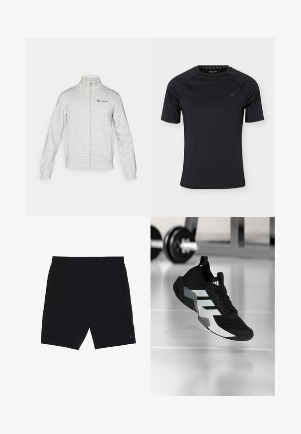 Veste zippée gris clair avec col montant, logo Champion brodé sur la poitrine gauche et petit logo sur le poignet de la manche gauche.; T-shirt de sport noir à manches courtes avec col rond et petit logo sur la poitrine gauche, présenté sur un fond clair uni.; Shorts noirs en tissu léger, avec une taille élastique, deux poches latérales et un petit logo en bas à droite.; Chaussure de sport noire avec une tige en mesh, des rayures blanches et des accents gris. Dotée d'un col rembourré et d'une semelle en caoutchouc. Adaptée pour une utilisation en salle de sport.
