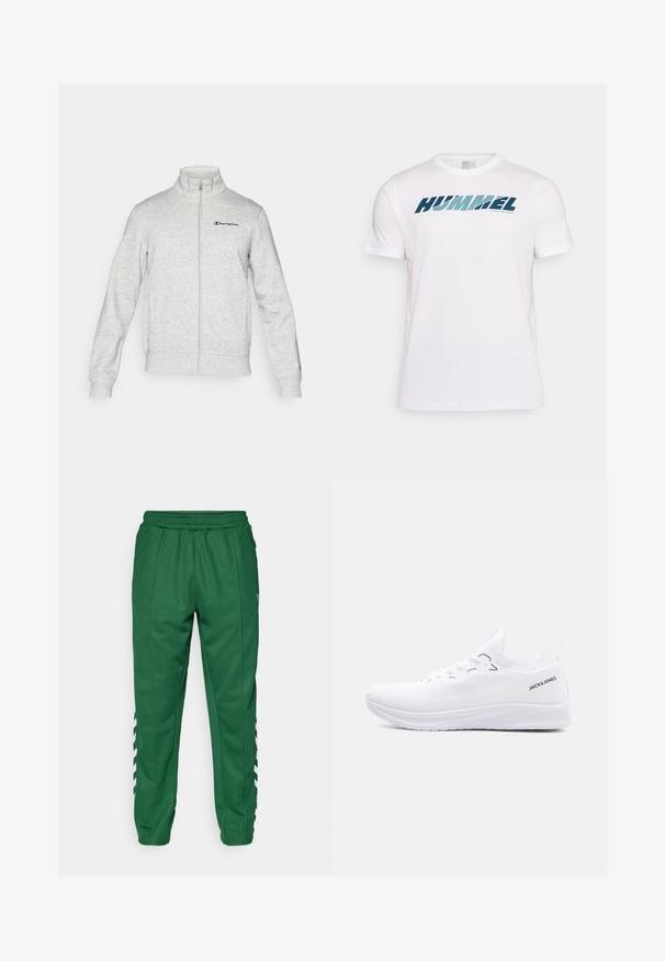 Helehall triiksulguriga jakk seiseva kraega ja vasakule rinnale tikitud Championi logoga ning väikese logoga vasakul varrukal.; Valge lühikeste varrukatega spordisärk sinise "HUMMEL" logoga ja väikese "ACTIVE SPORTSWEAR" tekstiga rinnal, ühevärvilisel taustal.; Rohelised spordipüksid elastse vöökoha, tõmblukuga taskute ja valgete chevrons triipudega pükste väliskülgedel.; Valge madala lõikega kudumjalats tekstuurse tallaga, ees paelu ja "JACK & JONES" logo kanna korraribal.