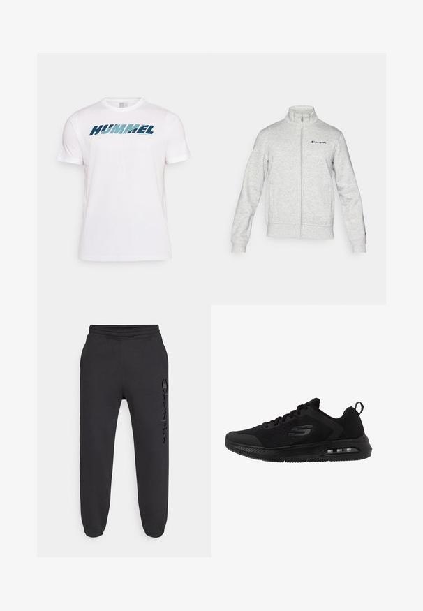 Helehall triiksulguriga jakk seiseva kraega ja vasakule rinnale tikitud Championi logoga ning väikese logoga vasakul varrukal.; Valge lühikeste varrukatega spordisärk sinise "HUMMEL" logoga ja väikese "ACTIVE SPORTSWEAR" tekstiga rinnal, ühevärvilisel taustal.; Mustad dressipüksid, millel on kummist vöökoht ja kummiga mansetid. Omavad kerget läiget ja tekstuuriga logo vasakul jalal.; Mustad mustejalatsid, millel on hingav võrkkate, tekstuuriga detailid, pehmendatud vaheking ja nähtav õhuüksus taldades mugavuse tagamiseks.