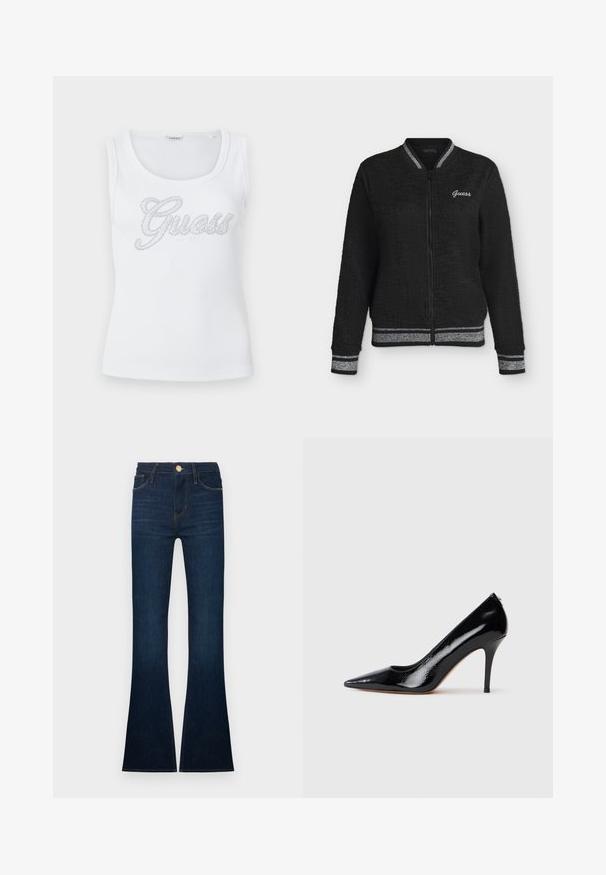 Veste bomber noire zippée en tissu texturé, poignets et ourlet côtelés rayés argentés, avec logo "Guess" sur la poitrine gauche.; Haut blanc sans manches en tissu côtelé avec encolure dégagée et logo décoratif "Guess" composé de petites perles argentées sur la poitrine.; Jean évasé bleu foncé en denim, doté d'une taille haute, de cinq poches et de coutures dorées. Les bas sont larges et légèrement effilochés.; Escarpin à talon haut en cuir verni noir avec un bout pointu, présentant une texture lisse et un talon aiguille mince. Aucun accessoire visible.