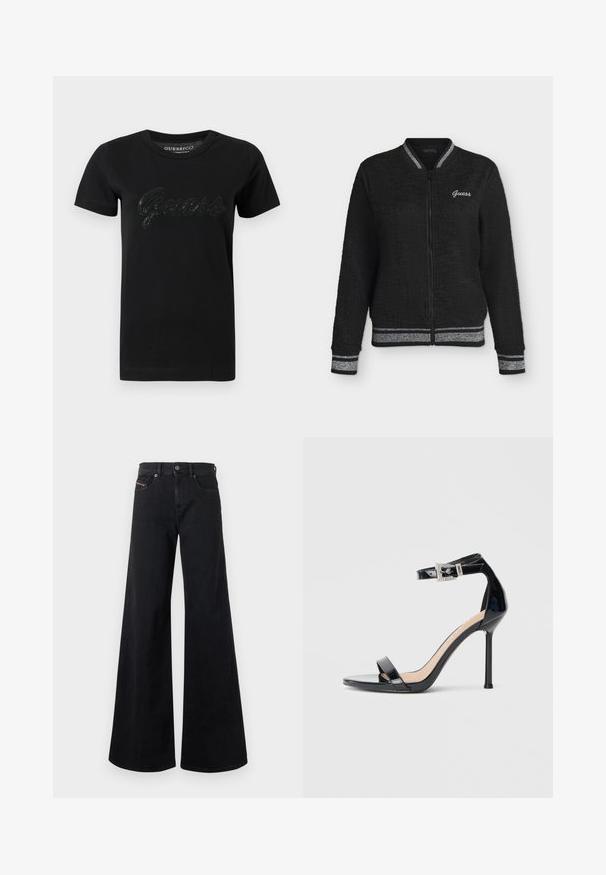 Veste bomber noire zippée en tissu texturé, poignets et ourlet côtelés rayés argentés, avec logo "Guess" sur la poitrine gauche.; T-shirt noir en coton avec un col rond, des manches courtes et un logo "Guess" en sequins texturés sur la poitrine.; Jean noir à jambes larges en denim, avec une taille haute, une fermeture à boutons, des poches avant et des détails de couture minimalistes.; Sandale à talon haut en cuir verni noir avec bride à la cheville. Présente un design minimaliste, un bout ouvert et une boucle ornée de strass.