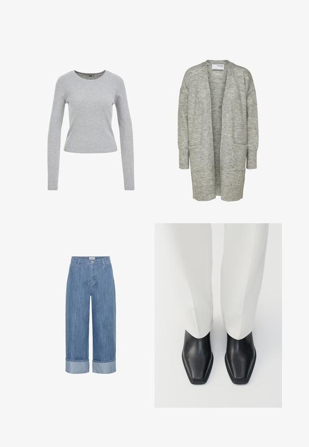 Lange grijze opengewerkte cardigan met lange mouwen en twee voorzakken, getoond op een witte achtergrond.; Grijze langwerpige shirt met lange mouwen, gemaakt van een gestructureerde katoenen mix, met een ronde halslijn en een aangesloten pasvorm. Geen zichtbare patronen of versieringen.; Lichtblauwe denim cropped wijdere broek met een opgerolde zoom, met een hoge taille en een vijf-pocket ontwerp. Soepele textuur met een subtiele vervaging.; Zwarte leren enkellaarzen met een spitse neus en een lage, gestapelde hak, gecombineerd met witte wijde broek. Glad textuur, gestroomlijnd ontwerp.