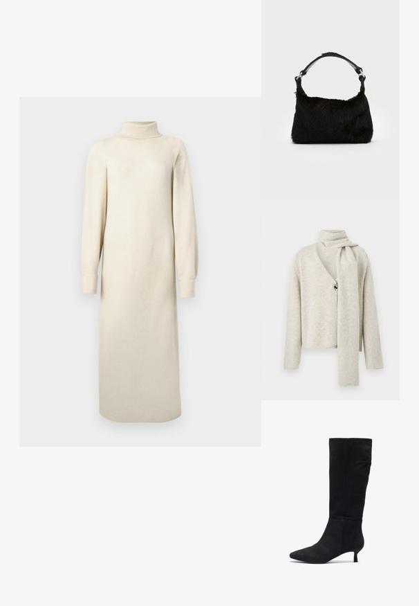 Cardigan en maille beige clair à manches longues, col en V, un grand bouton unique, et une écharpe attachée drapée sur une épaule.; Robe en tricot crème avec un col montant, de longues manches bouffantes et une longueur midi. Présente une texture avec un léger motif en relief.; Zign by Zalando Bottes - black; Sac à main en fausse fourrure noire avec une texture douce, une forme arrondie et une bandoulière en cuir noir robuste. Accent en métal argenté visible.
