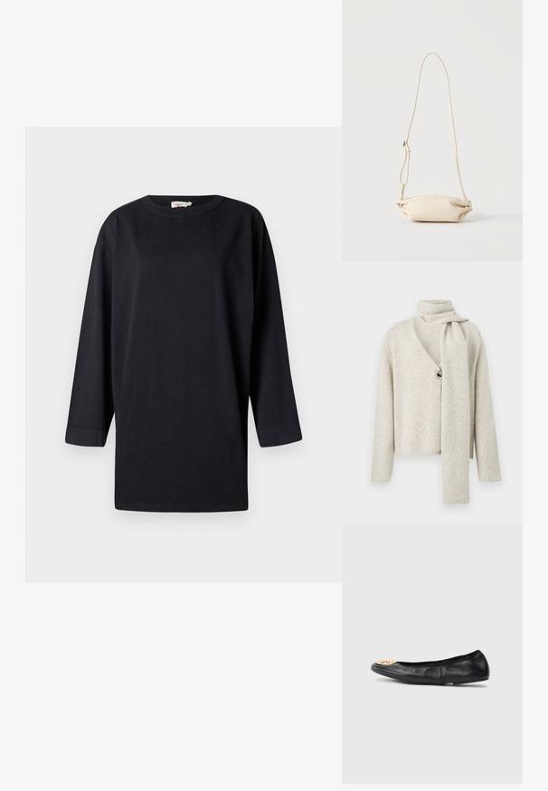 Lysebeige strikket cardigan med lange ærmer, V-hals, en stor knap og et fastsyet tørklæde, der er lagt over den ene skulder.; Sort langærmet T-shirt lavet af bomuld, med rund hals og sideskår, med en afslappet pasform og minimalistisk design.; Sort læderballetflad med en rund tå, der har en gylden hardwareaccent på tåen, glat tekstur og fleksibel sål.; Lille beige læder crossbody taske med justerbar rem, vist mod en ensfarvet lys baggrund.