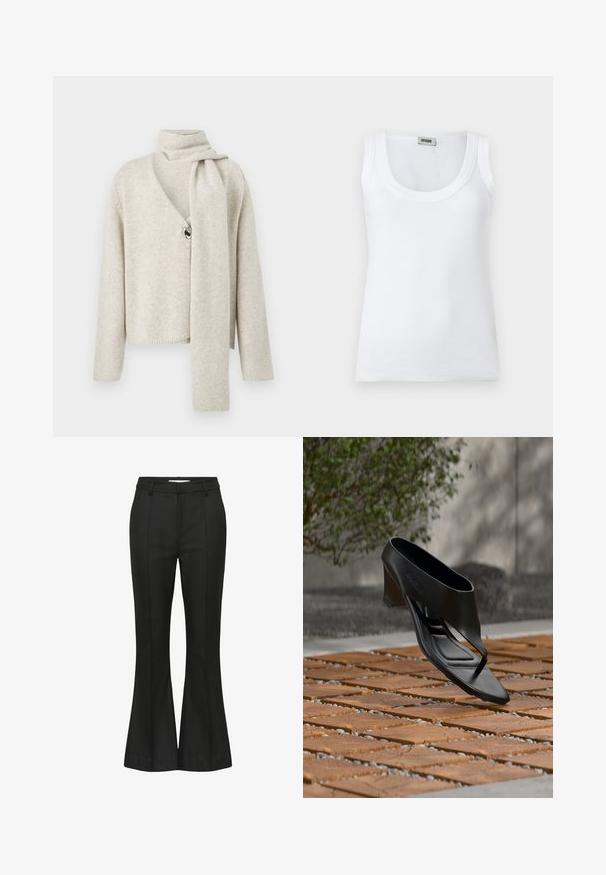 Cardigan en maille beige clair à manches longues, col en V, un grand bouton unique, et une écharpe attachée drapée sur une épaule.; Débardeur blanc côtelé sans manches avec encolure dégagée et étiquette de marque au dos du col, présenté sur un fond blanc uni.; Pantalon noir évasé en tissu lisse, doté d'une ceinture ajustée et de coutures verticales pour un détail de design supplémentaire.; Sandale noire à talon haut avec une lanière entre les orteils, flottant au-dessus d'une surface extérieure en bois et gravier à motifs, avec un arrière-plan flou de verdure et un mur.