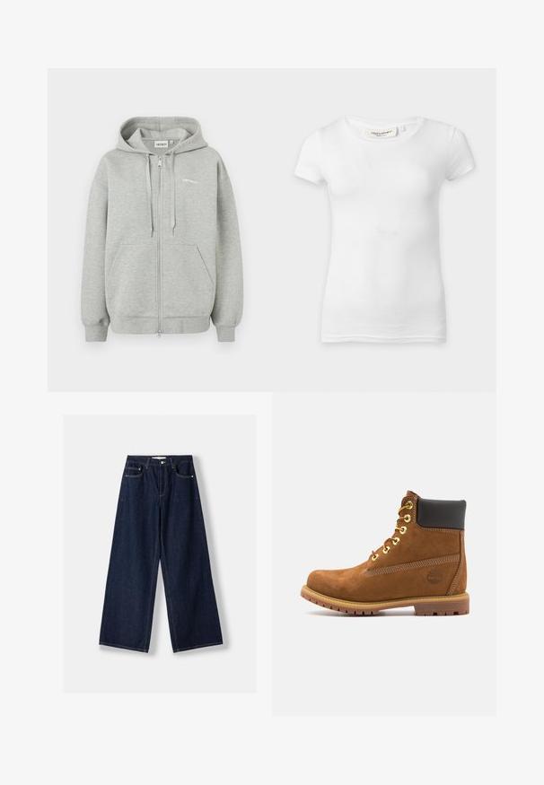 Grijze hoodie met rits, gemaakt van een zachte katoenmix, met een frontrits, twee zijzakken en ribgebreide manchetten en onderrand. Minimale logo-detail.; Effen wit, aansluitend T-shirt met korte mouwen en een ronde hals, weergegeven op een vlakke ondergrond.; Donkerblauwe jeans met wijde pijpen, vooraan knoop- en ritssluiting, voorzakken en ceintuurlussen, plat neergelegd op een witte achtergrond.; Bruine suède enkellaars met zwarte gewatteerde kraag, gouden oogjes, vetersluiting aan de voorkant en een rubberen zool met een gestructureerd patroon.