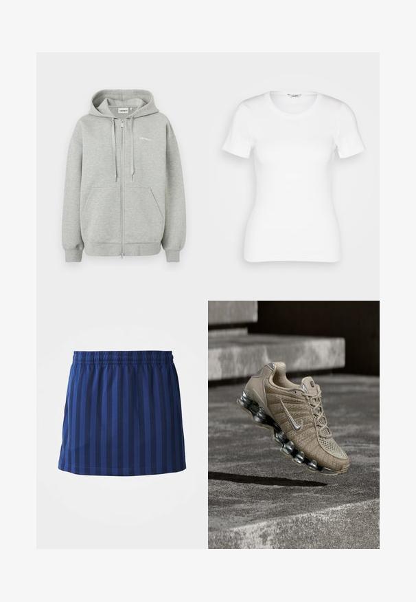 Grå zip-up hoodie lavet af blød bomuldsblanding, med frontlynlås, to sidelommer og ribbede manchetter og kant. Minimal logo detalje.; Hvid bomulds T-shirt med korte ærmer, rund halsudskæring og ribbet tekstur. Tætsiddende design med en glat, ren finish.; Mørkeblå nederdel med lodrette striber, elastisk talje, længde til midten af låret, lavet af letvægtsstof, glat tekstur.; Beige atletiksko med sølvdetaljer og luftdæmpet sål, svævende over en betonflade med skygge nedenunder.