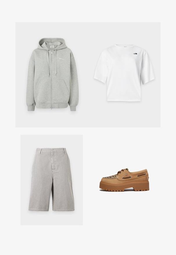 Grå zip-up hoodie lavet af blød bomuldsblanding, med frontlynlås, to sidelommer og ribbede manchetter og kant. Minimal logo detalje.; Hvid T-shirt med korte ærmer og rund hals med The North Face-logo i sort på venstre bryst.; Bermuda-shorts med tynde lodrette sorte og hvide striber, frontknaplukning, bæltestropper og sidelommer.; Timberland STONE STREET - Sejlersko - medium beige