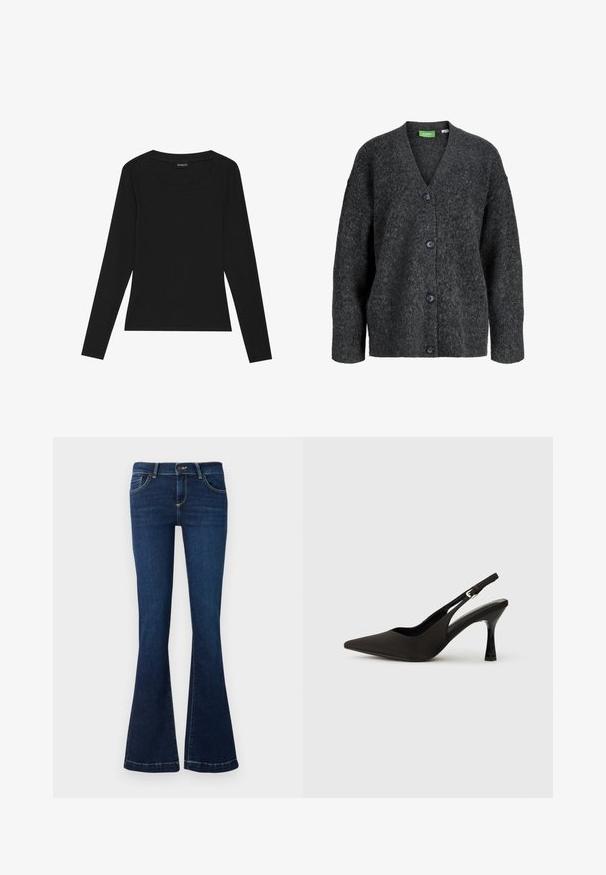 Cardigan à col en V gris foncé, à texture douce, avec manches longues et quatre boutons noirs sur le devant.; T-shirt noir à manches longues en maille côtelée avec un col rond et une silhouette ajustée. Le tissu a une texture lisse et une qualité extensible.; Jean évasé bleu foncé en denim, doté de poches avant et de coutures jaunes le long des coutures. Taille standard et fermeture éclair.; Chaussures à talons noires avec une bride, à bout pointu, finition mate lisse et talon fin brillant. Sangle ajustable avec petit détail de boucle.