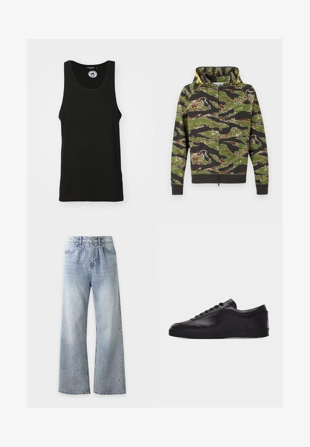 Sudadera con capucha y cremallera en patrón camuflado verde con toques de marrón y negro. Presenta puños y cintura acanalados, textura suave y un diseño práctico.; Camiseta sin mangas negra hecha de algodón con escote redondo y detalle de logo en relieve en la parte frontal. Diseño limpio y minimalista.; Vaqueros de pierna ancha de tiro alto en azul claro con bolsillos delanteros, cierre de botones y lavado desgastado en muslos y rodillas.; Zapatilla baja negra de cuero con cordones en la parte delantera y suela plana de goma, mostrada de perfil sobre un fondo blanco liso.