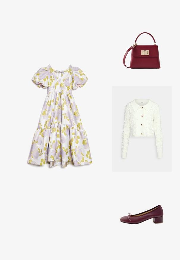 Glamorous POM POM CROP CARDIGAN WITH COLLAR AND LONG SLEEVES - Jersey de punto - cream; Vestido midi blanco con mangas abullonadas, patrón floral púrpura, hojas verdes, escote en V y detalle de lazo trasero, con falda de volantes.; Bailarinas de cuero burdeos con punta redonda, pequeño acento de lazo y tacón bajo cuadrado. Textura suave y diseño con detalles mínimos.; Bolso de mano de cuero burdeos con asa superior curva, correa desmontable y cierre dorado rectangular en la solapa frontal.