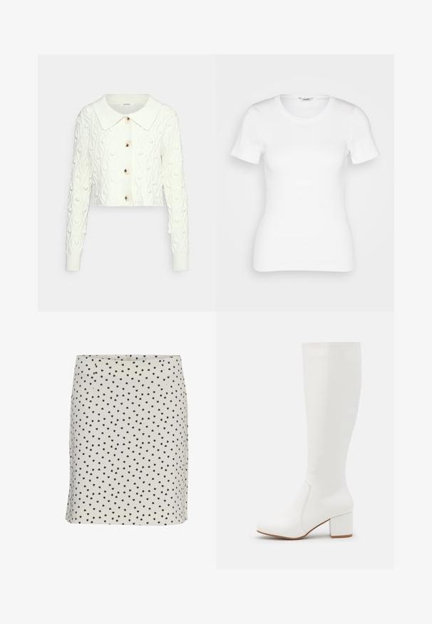 Glamorous POM POM CROP CARDIGAN WITH COLLAR AND LONG SLEEVES - Striktrøje - cream; Hvid bomulds T-shirt med korte ærmer, rund halsudskæring og ribbet tekstur. Tætsiddende design med en glat, ren finish.; Knælængde nederdel i cremefarvet stof med sorte hjerte mønstre. Har et tætsiddende design og lynlås bagpå. Glat tekstur overalt.; Hvide knæhøje støvler med en glat, blank finish. Firkantet blokhæl og diskret syningsdetalje langs siden.