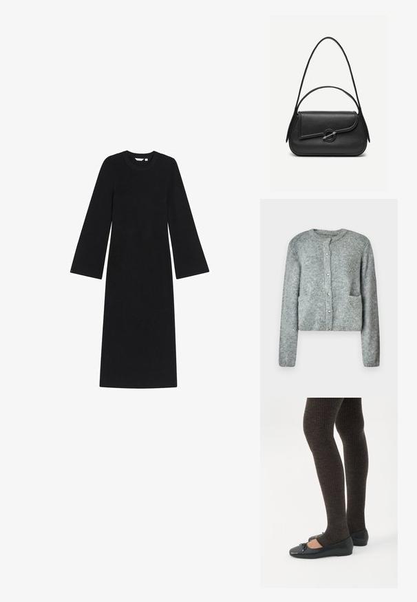 Lichtgrijze gebreide cardigan met een ronde halslijn, knoopsluiting aan de voorkant, lange mouwen en twee voorzakken. Zachte textuur en subtiel patroon.; Geribbelde zwarte jurk met een ronde halslijn, lange uitlopende mouwen en een rechte silhouet, gemaakt van een zachte, gestructureerde stof.; Benen met donkere geribbelde leggings gecombineerd met zwarte ballerina's met kleine strikdetails op een witte achtergrond.; Zwarte leren handtas met afgeronde hoeken, asymmetrische klep, metalen ronde sluiting en zowel korte als lange schouderriemen.