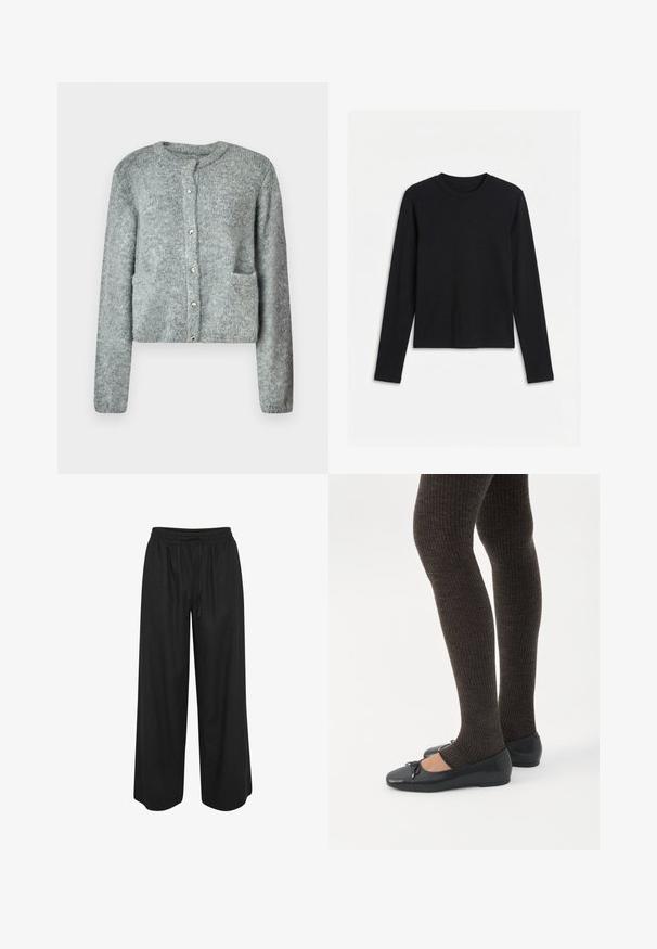 Lysegrå strikket cardigan med rund halsudskæring, knaplukning foran, lange ærmer og to forlommer. Blød tekstur og subtilt mønster.; Sort langærmet T-shirt med bådhals og tætsiddende, ensartet design vist på hvid baggrund.; Sorte bukser med brede ben, elastisk talje og snøre, lavet af letvævet stof, vist mod en hvid baggrund.; Ben iført mørke ribbede leggings kombineret med sorte balletsko med små sløjfedetaljer på hvid baggrund.
