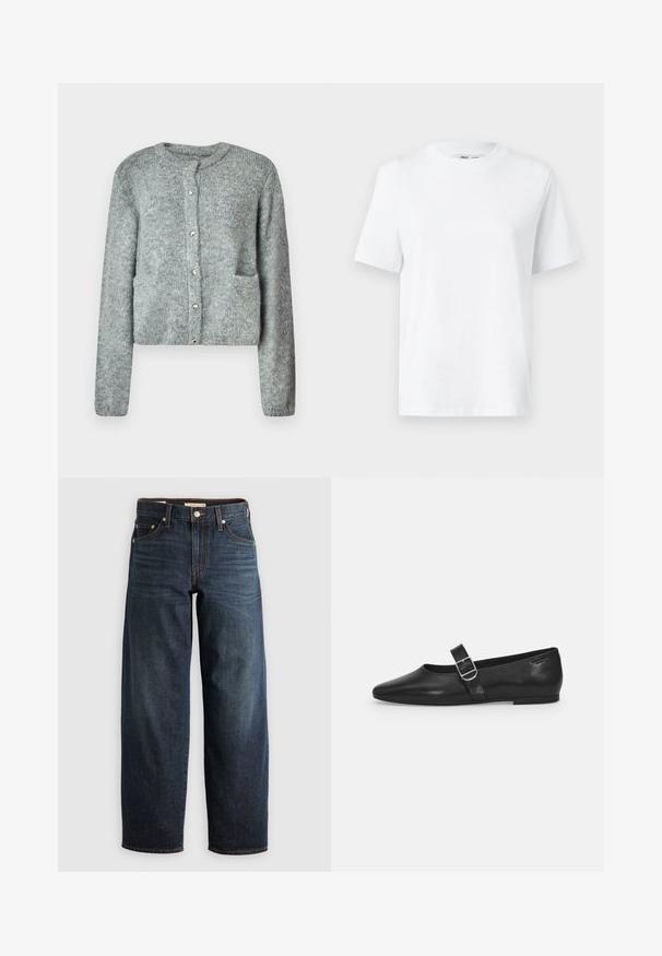 Lichtgrijze gebreide cardigan met een ronde halslijn, knoopsluiting aan de voorkant, lange mouwen en twee voorzakken. Zachte textuur en subtiel patroon.; Witte katoenen T-shirt met ronde hals, korte mouwen en een gladde textuur. Ontworpen met een comfortabele en veelzijdige relaxte pasvorm.; Donkerblauwe jeans van denim, met een recht model, vijf-pocketstijl en stiksels met een knoopsluiting.; Zwarte leren platte schoen met een ronde neus, een enkele verstelbare gespsluiting en een gladde, glanzende textuur. Minimalistisch ontwerp met een lage hak.
